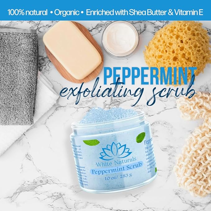 Pure Peppermint Scrub, Moisturizing and Exfoliating Face & Body Scrub, Organic Exfoliator, Fights Stretch Marks, Fine Lines and Wrinkles, Natural Shower Scrub