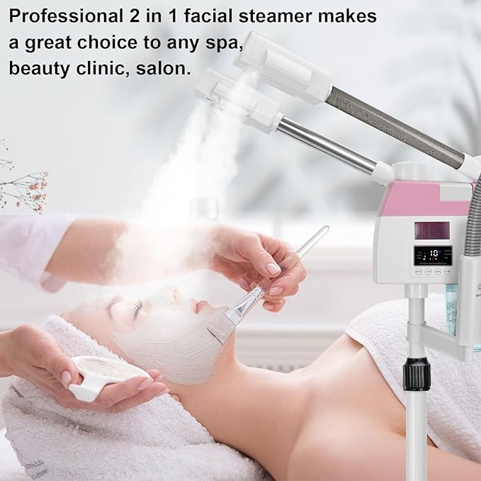 Professional Facial Steamer, 3 in 1 Facial Steamer with 5X Magnifying Lamp Hot&Cool Mist, Esthetician Steamer on Wheels, Stand Face Steamer with Time Setting for Home Salon Spa