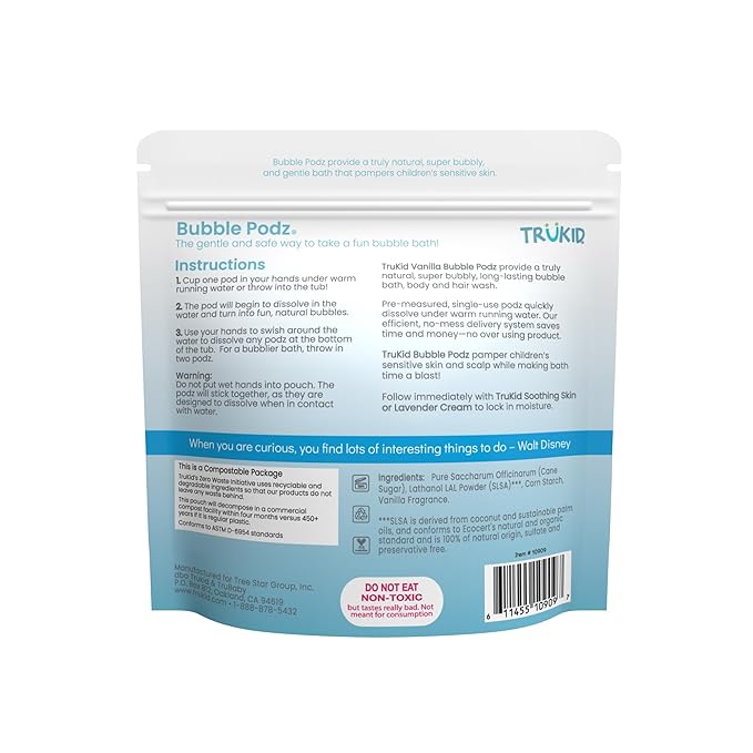 TruKid Bubble Podz Bubble Bath for Kids, Toddlers, & Babies, Tear Free Gentle & Refreshing Bath Bomb for Sensitive Skin with Natural Moisturizers, Non-Toxic, pH Balanced, Vanilla Scent (10 Podz)