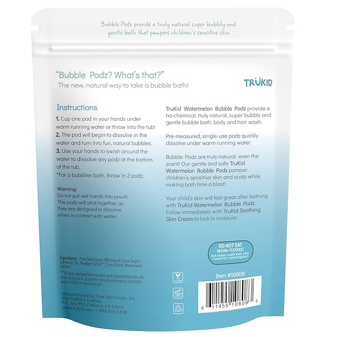 TruKid Bubble Podz Bubble Bath for Kids, Toddlers, & Babies, Tear Free Gentle & Refreshing Bath Bomb for Sensitive Skin with Natural Moisturizers, Non-Toxic, pH Balanced, Watermelon Scent (60 Podz)