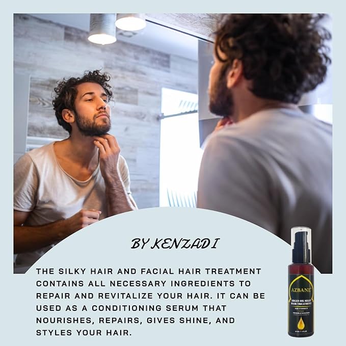 KENZADI Premium Moroccan Argan Oil Silky Hair & Facial Hair Beard Repair Treatment By Azbane 100% pure Oil (60 ML, 2oz)