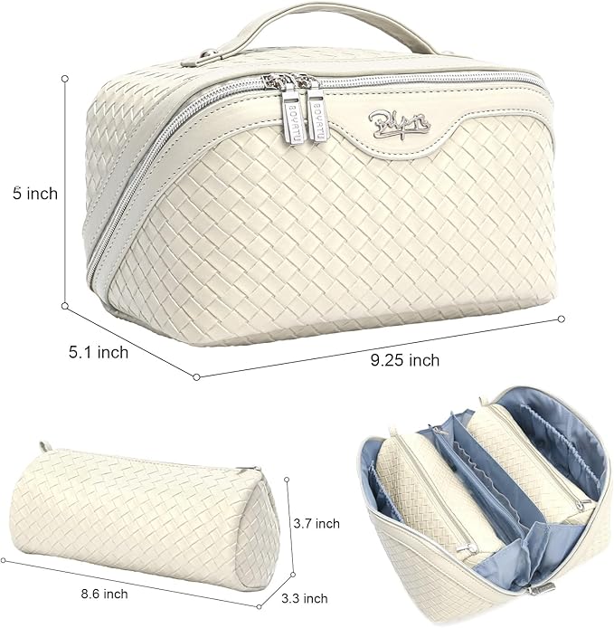 BOYATU Travel Makeup Bags for Women: Large Cosmetic Bag - Vegan Leather Make up Bags Set of 3 - Protable Toiletry Bag Compact Organizer with Compartments (L09 Beige)