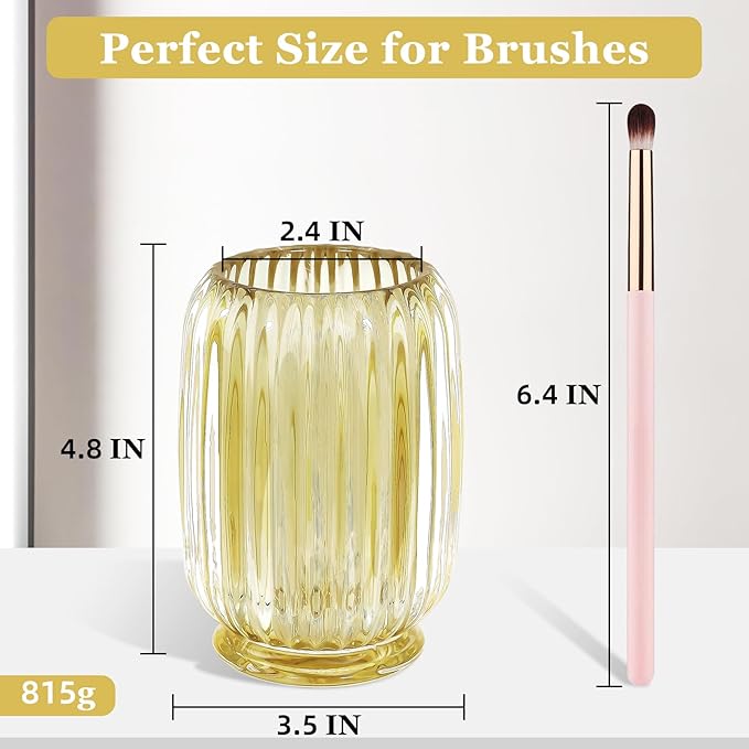 Makeup Brush Holder, Thick Glass Makeup Brush Organizer Cup, 4.8" Tall for Vanity Hair Brush Holder Brushes Storage, Makeup Brush Holder Organizer organizador de brochas de maquillaje Crystal Amber