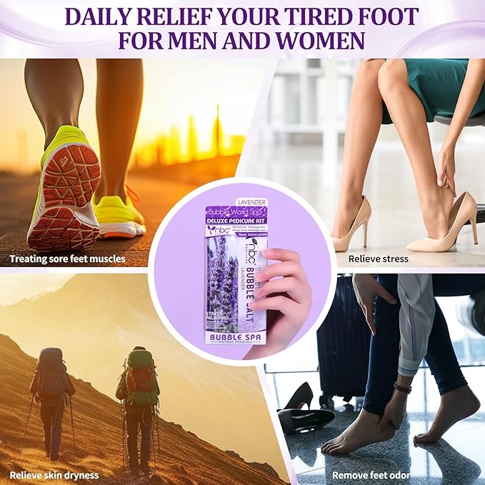 Pedicure Kit Foot Soak Set: Bubble Salt, Sugar Scrub, Massage Mask, Massage Lotion in a Box, 4 Step Foot Spa Kit for Dry Feet, Softens Calluses, Tired Feet(3 Set Lavender)