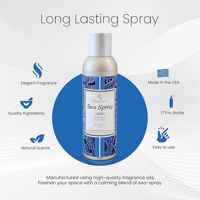 Air Freshener Spray - long lasting luxurious sea spray – Ideal for Bathroom, Kitchen, Office & Car – long lasting home fragrance 6 FL Oz