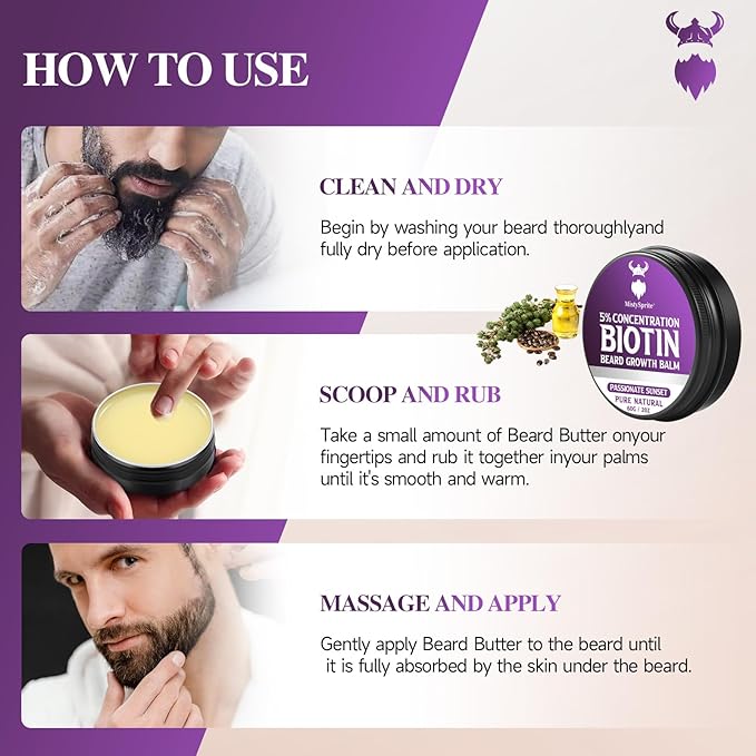 5% Concentration Biotin Beard Balm for Men & Conditioning Beard Wax - Made with Castor Oil Natural and Organic Ingredients - Hydrates & Thickens Facial Hair Growth- 2 Ounce Tin (Passionate Sunset)