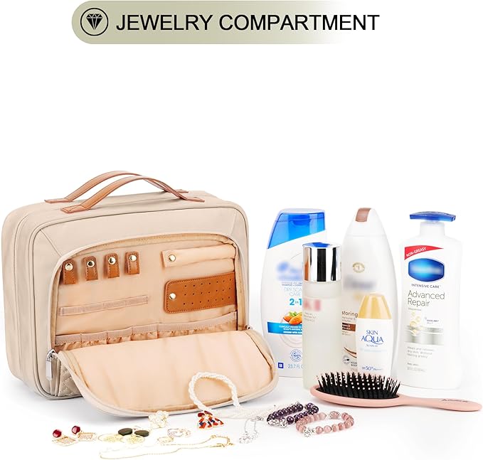 Travel Hanging Toiletry Bag for Women, Cruise Ship Essentials, with Jewelry Organizer, Extra Large Makeup Dopp Kit, Waterproof Cosmetic Bags, Toiletries Kit Set with Trolley Belt, Khaki