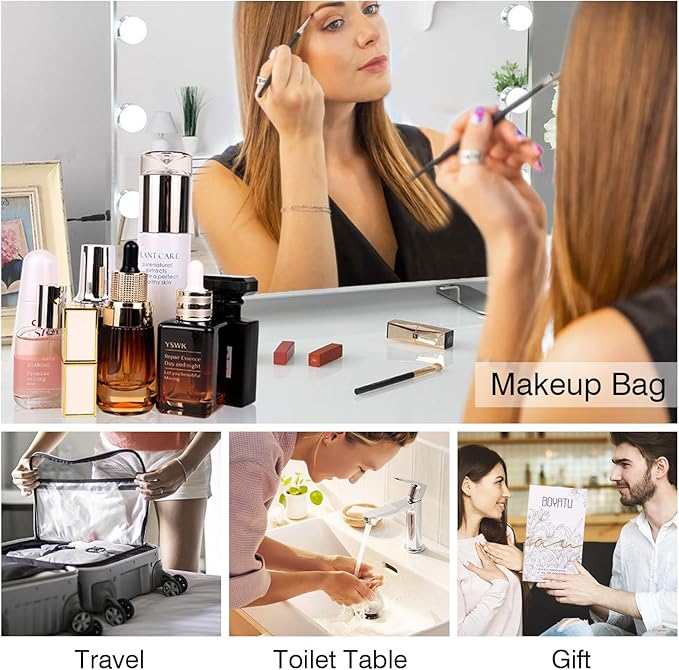 Travel Makeup Bags Cosmetic Organizer Bag: Quilted Make up Bag Set of 3 - PU Leather Toiletry Bags for Women - Portable Makeup Organizer with Compartments & Handle & Divider(14 Brown)