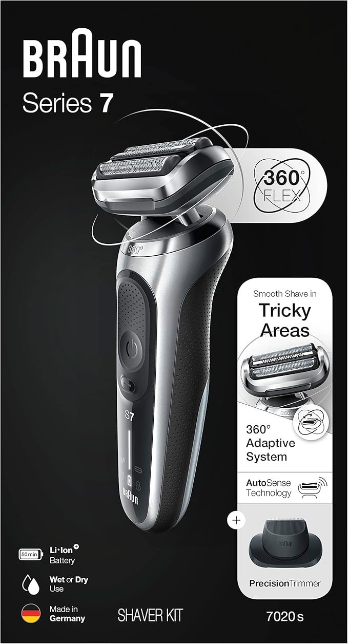 Braun Electric Razor for Men, Series 7 360 Flex Head Foil Shaver with Precision Beard Trimmer, Rechargeable, Wet & Dry and Travel Case, Black, 5 Piece Set