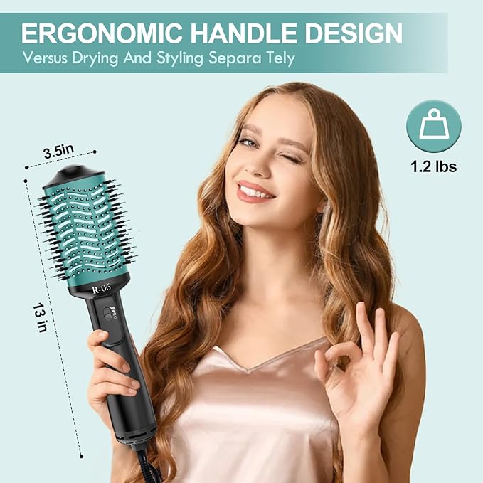 Hair Dryer Blow Dryer Brush in One, 4 in 1 Hair Dryer and Styler Volumizer with Oval Barrel, Professional Salon Hot Air Brush for All Hair Types, Teal