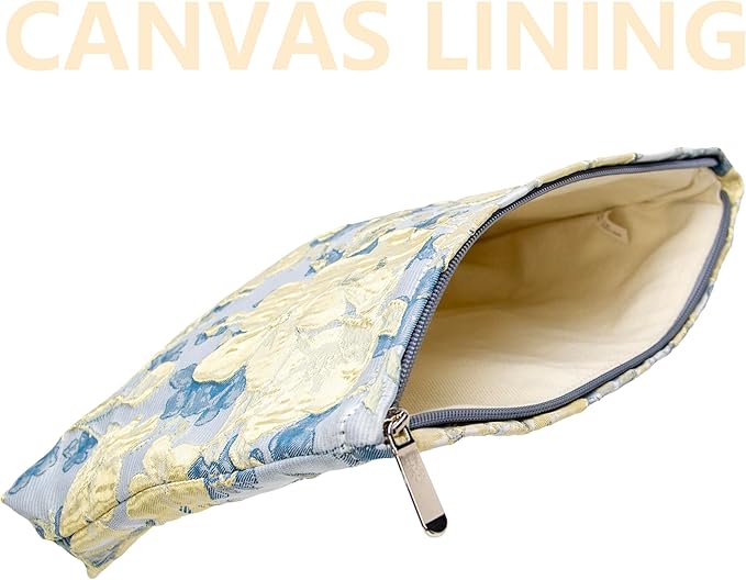 PAZIMIIK Makeup Bag Large Cotton Zipper Pouch for Purse Travel Canvas Make Up Organizer for Women Cosmetic,Brocade Blue