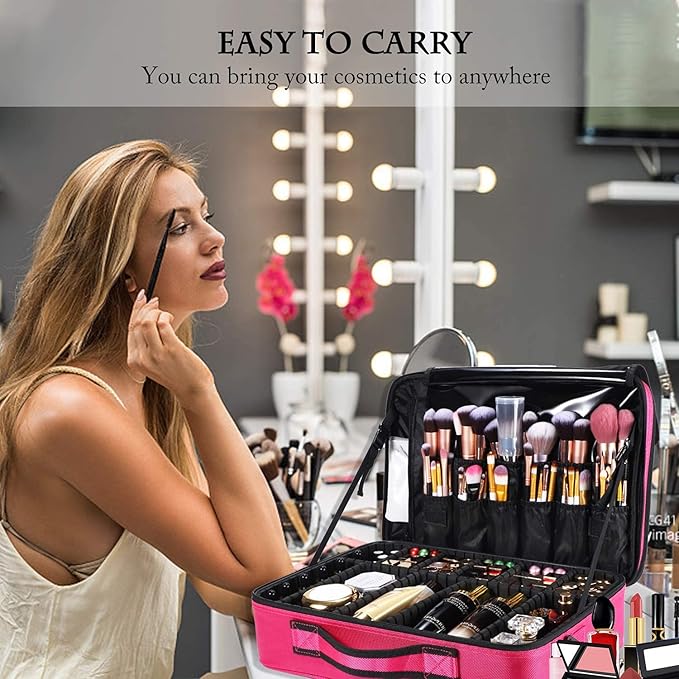 JOURMON Travel Makeup Case Portable Makeup Train Case Organizer Cosmetic Bag with Adjustable Dividers and Shoulder Strap for Makeup Brushes Toiletry Travel Accessories(Rose Red, L)