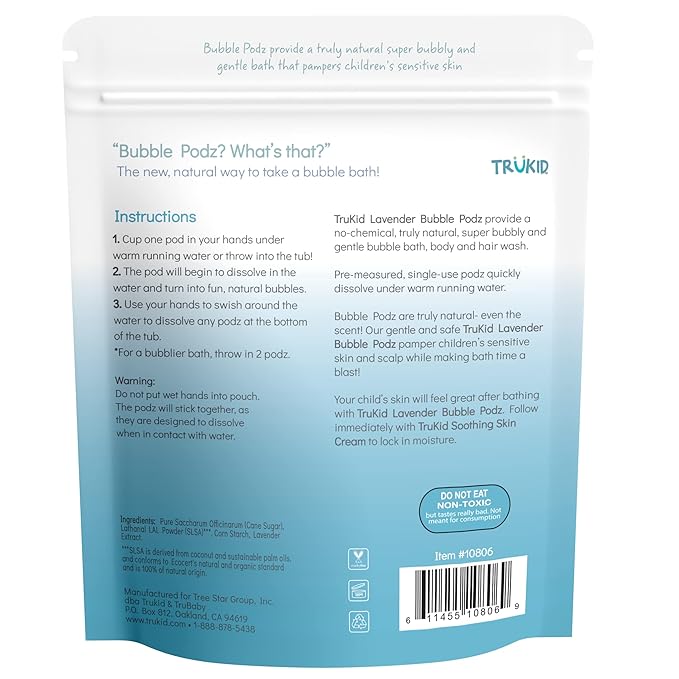 TruKid Bubble Podz Bubble Bath for Kids, Toddlers, & Babies, Tear Free Gentle & Refreshing Bath Bomb for Sensitive Skin with Natural Moisturizers, Non-Toxic, pH Balanced, Lavender Scent (60 Podz)