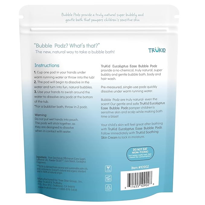 TruKid Bubble Podz Bubble Bath for Kids, Toddlers, & Babies, Tear Free Gentle & Refreshing Bath Bomb for Sensitive Skin with Natural Moisturizers, Non-Toxic, pH Balanced, Eucalyptus Scent (60 Podz)