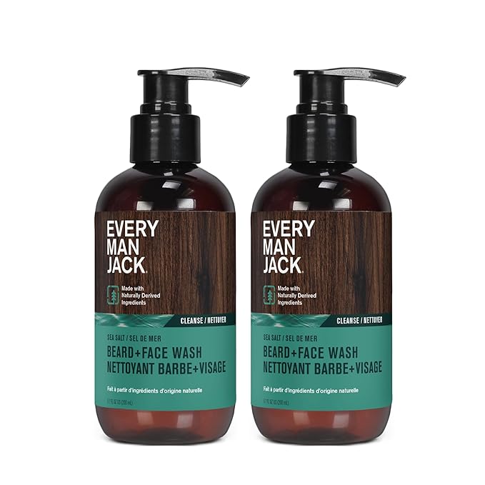 Every Man Jack Beard + Face Wash - Subtle Sea Salt Fragrance - Deep Cleans, Conditions, and Softens Your Beard and Skin Underneath - Naturally Derived with Coconut Oil, Glycerin, and Coconut - 6.7-fl oz (2 Pack)