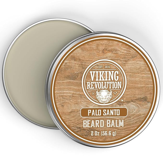 Viking Revolution Palo Santo Beard Balm for Men - Beards Butter for Men with Argan Oil and Jojoba Oil - Beard Softener and Moisturizer for Mens Beards Styling Balm (1 Pack, 2oz)