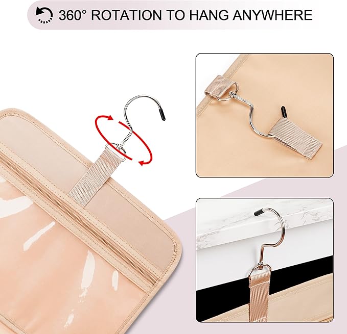Travel Hanging Toiletry Bag for Women, with Jewelry Organizer Compartment, Medium Waterproof Hanging Makeup Accessories, Cosmetic Essentials, Toiletries Dopp Kit Set with Trolley Belt, Baby Pink