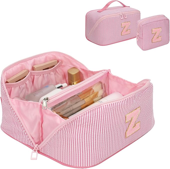 Travel Makeup Bag for Women, 2Pcs Portable Personalized Initial Makeup Organizer Bag, Open Flat Large Cosmetic Bag With Travel Essential Pouch (Pink Letter Z)