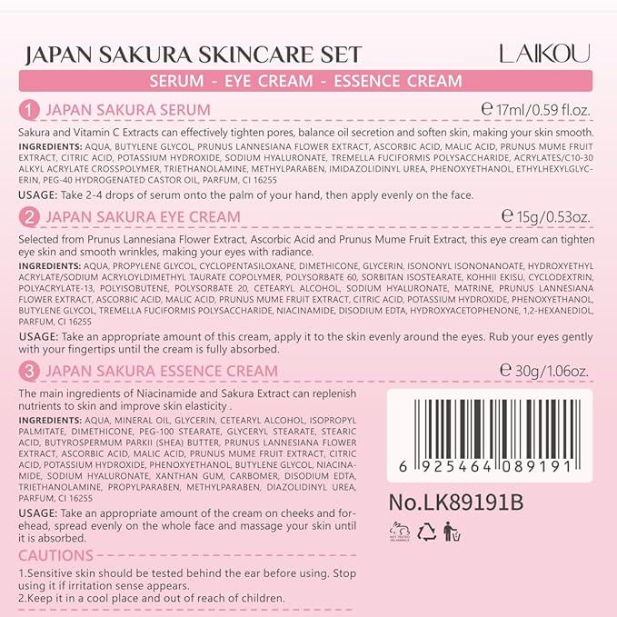 Skin Care Set JAPAN SAKURA Women Beauty Gift Sets Skin Care Kit with Serum, Eye Cream, Face Cream Travel Kit for Women Wife Mom Teen Girls TSA-friendly Sizes Birthday Gift 3pcs