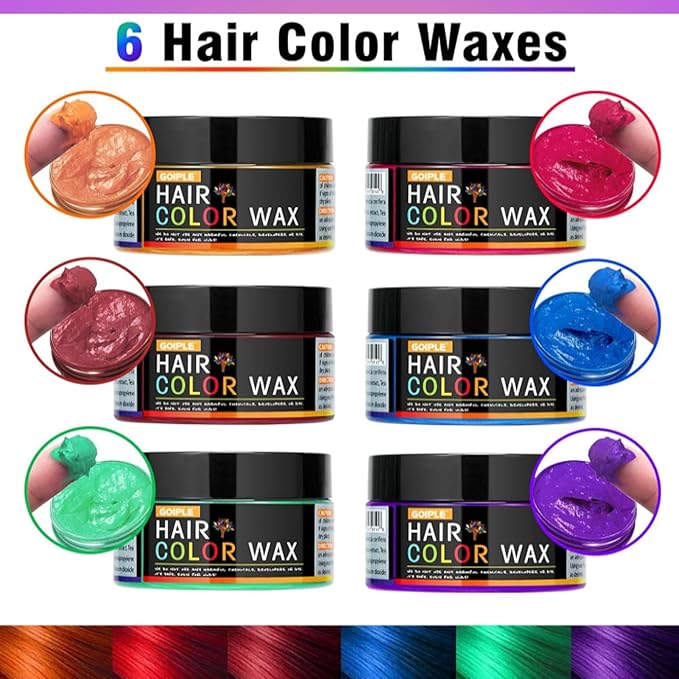 6 Colors Hair Color Wax - Green Purple Orange Pink Red Blue Washable Halloween Temporary Hair Color for Kids, Men & Women | Non-Sticky Temporary Hair Dye Wax for Cosplay, Parties & Daily Fun (4 OZ)