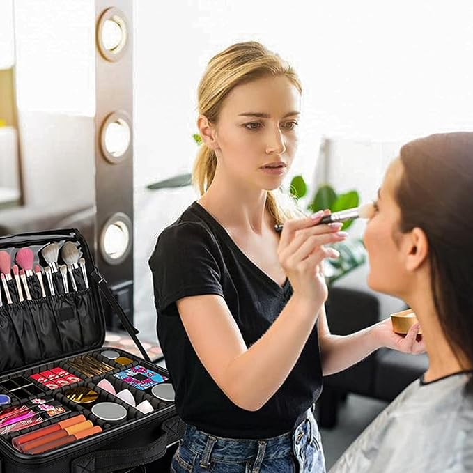 JOURMON Travel Makeup Case 3 Layers Makeup Train Case Portable Makeup Bag Organizer Portable Artist Storage Bag with Adjustable Dividers and Shoulder Strap(Black, M)