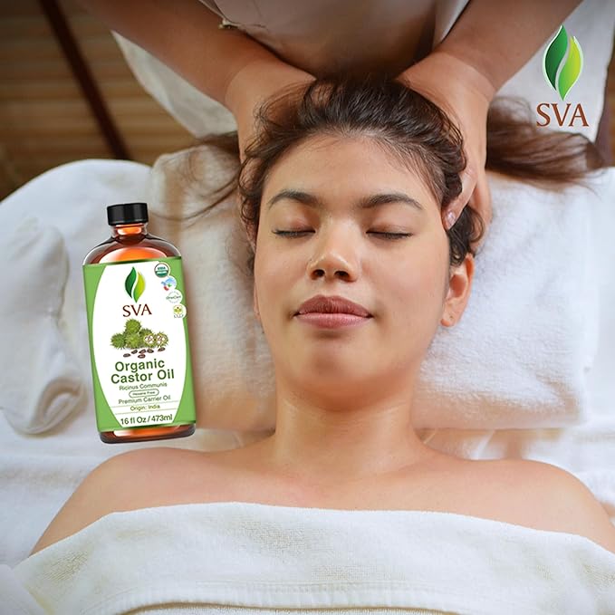 SVA Castor Seed Oil Organic - 16 Fl Oz – 100% Natural Cold Pressed Organic Castor Oil - for Face, Skin Care, Hair Care, Scalp Massage & Body Massage with Pump