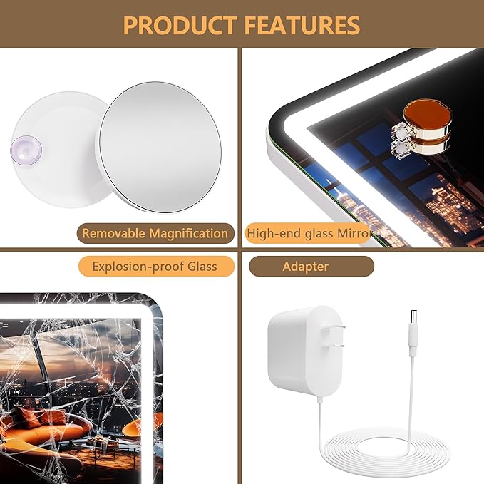 Hasipu Vanity Mirror with Lights and Bluetooth Speaker, 32" x 21.7" LED Makeup Mirror, Lighted Makeup Mirror with Dimmable 3 Modes, USB Charging Port, Round White