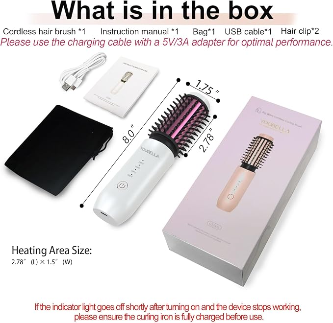 Cordless Hair Curling Iron Brush, Mini Travel Hot Straightener Comb, 3-in-1 Portable Wave Curling Wand, 1.5″ Ionic Heated Brush, USB Rechargeable Hair Curler, White – No Automatic Rotation