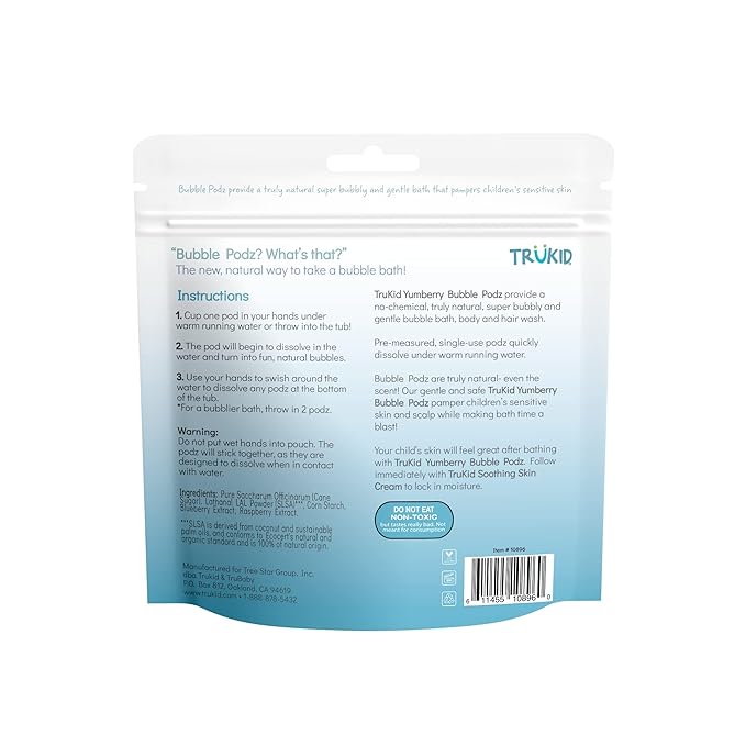 TruKid Bubble Podz Bubble Bath for Kids, Toddlers, & Babies, Tear Free Gentle & Refreshing Bath Bomb for Sensitive Skin with Natural Moisturizers, Non-Toxic, pH Balanced, Yumberry Scent (10 Podz)