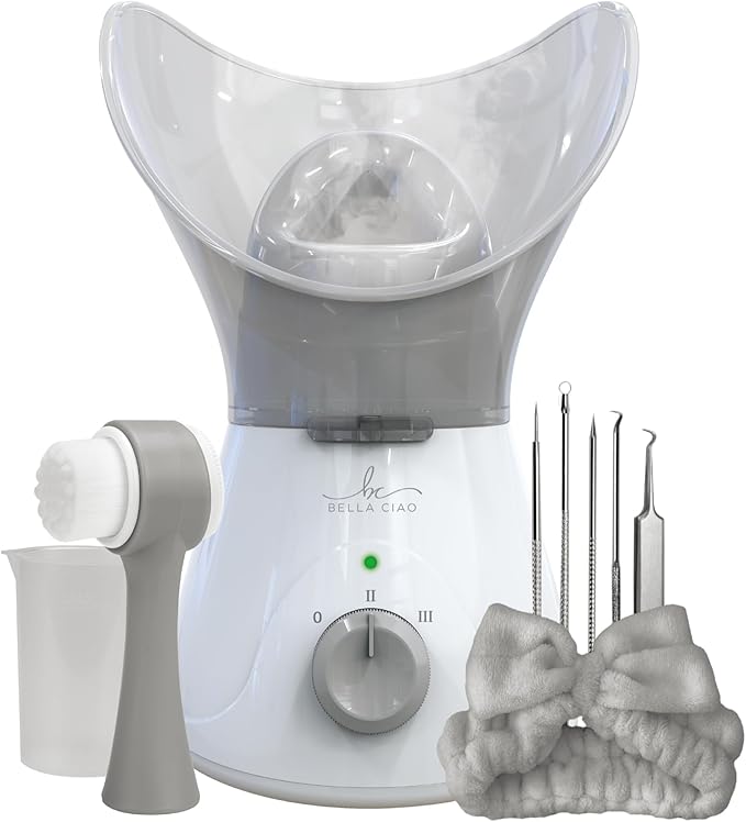 Bella Ciao 11-Piece Gentle Face Steamer Set with 2 Settings, At-Home Facial Spa Kit with Accessories, Facial Essentials, Includes Cleansing Brush and Blackhead-Remover Tools for Deep Pore Cleaning