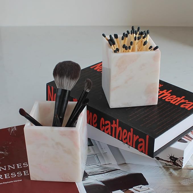 Natural Rose Marble Toothbrush Holders for Bathroom, Marble Makeup Brush Holder Countertop Organizer