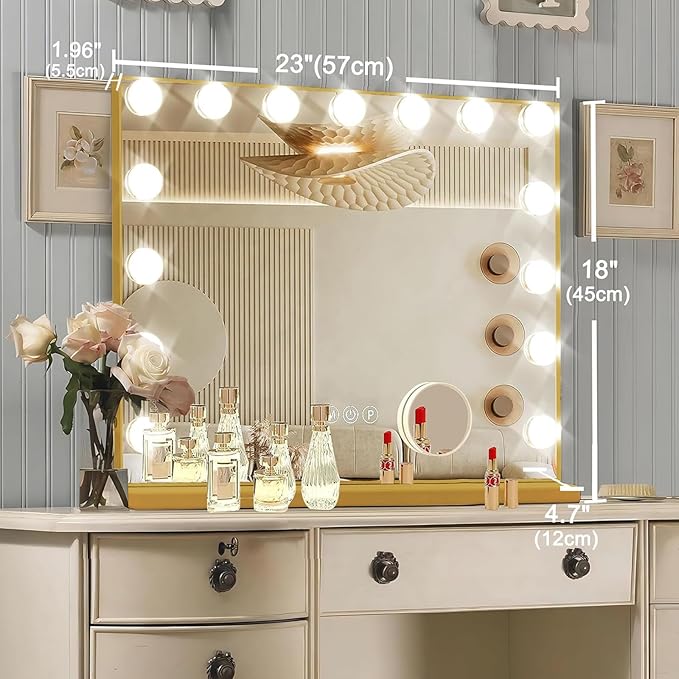 Gold Hollywood Vanity Mirror with Lights, 15 Dimmable Bulbs, 3 Color Lights,Make Up Lighted Mirror, Aluminum Metal Frame, USB Charging Port(23" x 18")