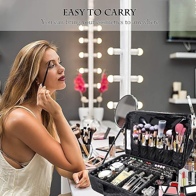 JOURMON Travel Makeup Case Portable Makeup Train Case Organizer Cosmetic Bag with Adjustable Dividers and Shoulder Strap for Makeup Brushes Toiletry Travel Accessories(Pure Black, L)