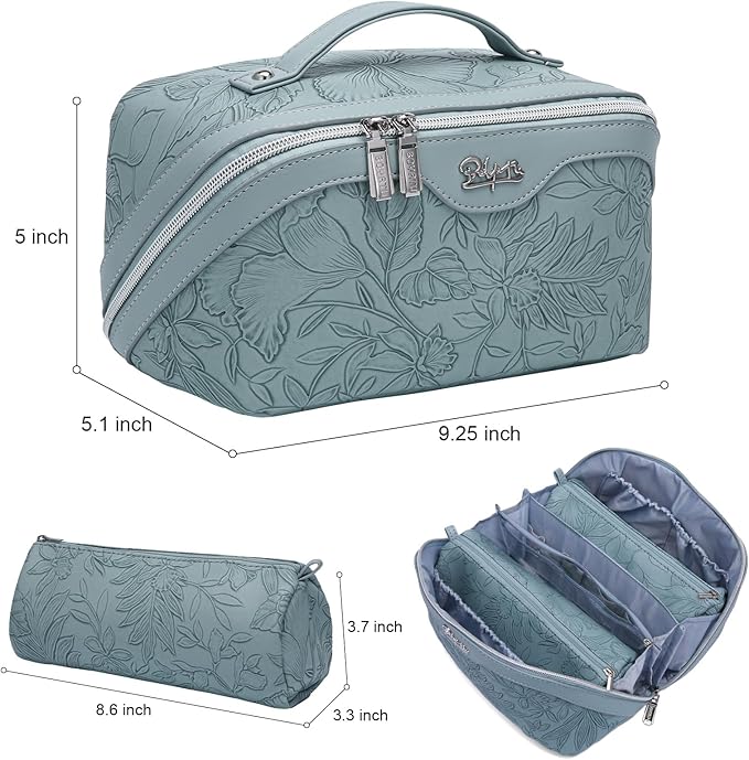 BOYATU Travel Makeup Bags Cosmetic Organizer Bag: 3-Set Large Capacity Make up Bag - PU Leather Toiletry Bags for Women - Wide Open Portable Pouch with Divider & Handle (01-Light Blue)