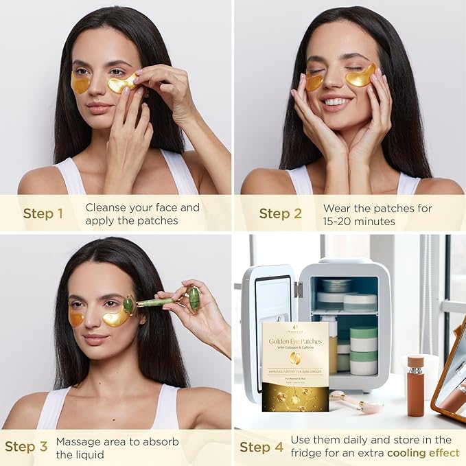 PLANTIFIQUE Gold Under Eye Patches for Puffy Eyes and Dark Circles 5 Pairs Under Eye Masks for Dark Circles and Puffiness Eye Gels with Collagen & Caffeine Eye Patches Gold Eye Mask Skincare