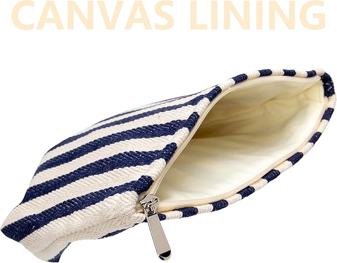 PAZIMIIK Makeup Bag Large Cotton Zipper Pouch for Purse Travel Canvas Make Up Organizer for Women Cosmetic,Stripe Navy Blue