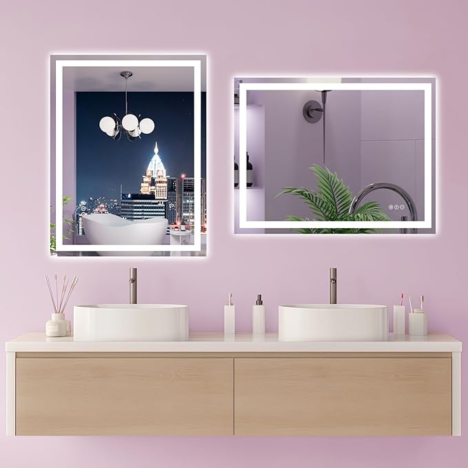 Amorho LED Mirror for Bathroom 28X36 Inch with Backlight and Front Lit, Fogless Mirror for Wall Mounted, Dimmable, 3 Colors, Memory