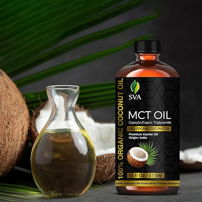SVA MCT Oil Organic - 16 Fl Oz – 100% Natural Cold Pressed Organic MCT Oil - for Face, Skin Care, Hair Care, Scalp Massage & Body Massage – Carrier Oil