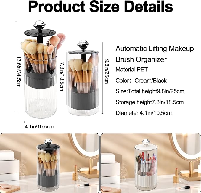 DASITON Makeup Brush Holder with Lid, Automatic Lifting Makeup Organizer for Vanity, 4 Slots Clear Makeup Brush Organizer, Dustproof Cosmetic Brushes Storage for Bathroom, Desktop, Office (Black)