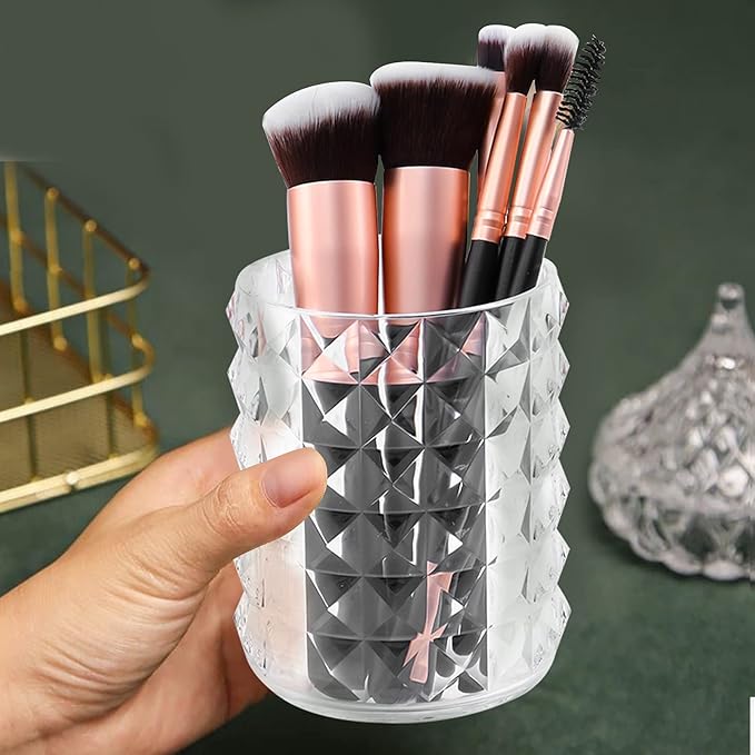 Acrylic Makeup Brush Holder Organizer, Clear Pencil Pen Holder, Crystal Cosmetics Brushes Cup Storage Solution, Round