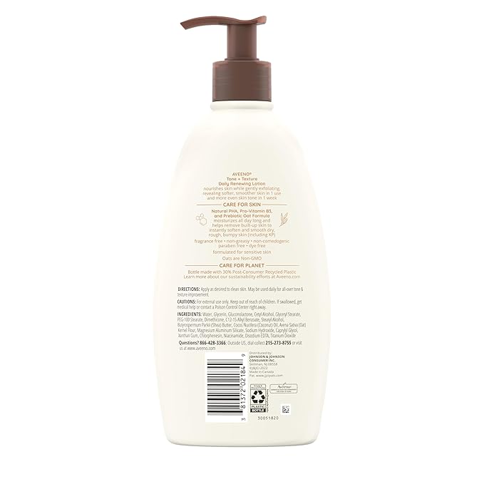 Aveeno Tone + Texture Daily Renewing Body Lotion with Prebiotic Oat Hydrates & Smooths Dry, Rough, Bumpy Skin Even KP, Fragrance-Free, 18 fl. Oz