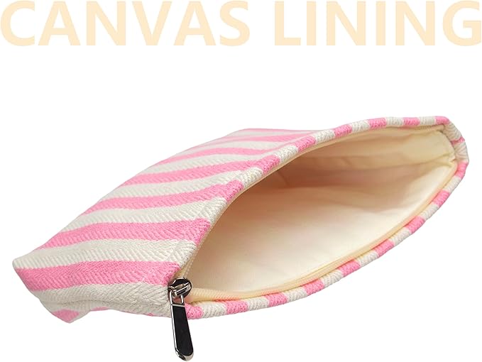 Makeup Bag Large Cotton Zipper Pouch for Purse Travel Canvas Make Up Organizer for Women Cosmetic,Stripe Pink