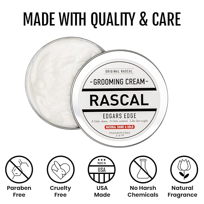 Rascal Original Edgar's Edge Grooming Cream - Hair Cream for Men with Medium Hold & Natural Shine, Mens Hair Conditioning & Styling Solution for All Hair Types, Made with Beeswax & Castor Oil - 3.4 Oz