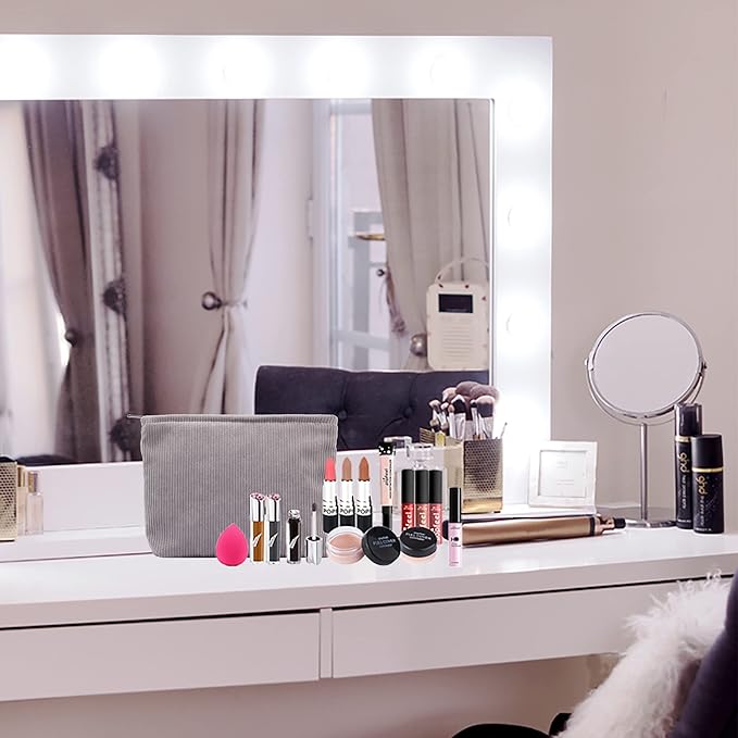 PAZIMIIK Makeup Bag Large Zipper Corduroy Make Up Pouch for Purse Travel Canvas Cosmetic Organizer for Women Brush Storage,Grey