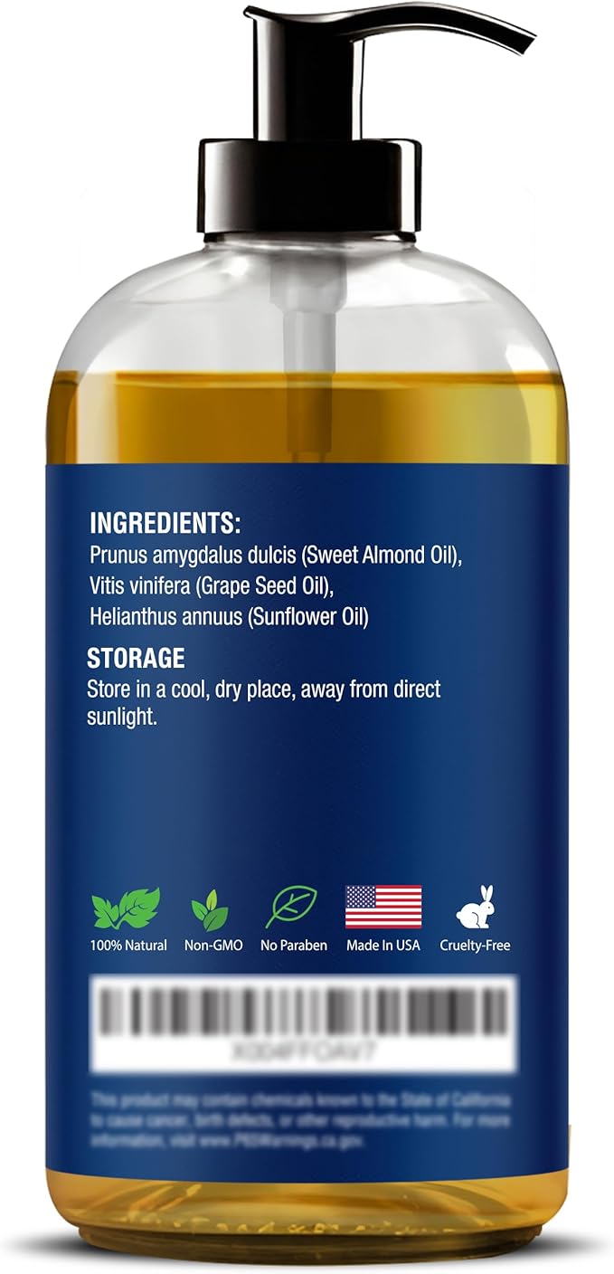 Unscented Massage Oil for Massage Therapy 8 fl oz - Refreshing and Relaxing - Natural Oils with Sweet Almond, Grape Seed and Sunflower Oil - for Men and Women - Nexon Botanics