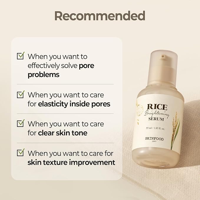 SKINFOOD Rice Daily Serum, Korean Skincare Facial Essence for Glow Glass Skin, Fermented Natural Rice Water Milk for Face, Pore Minimizing, Deep Hydrating, Dark Spot Correcting, 55ml/1.86fl.oz.