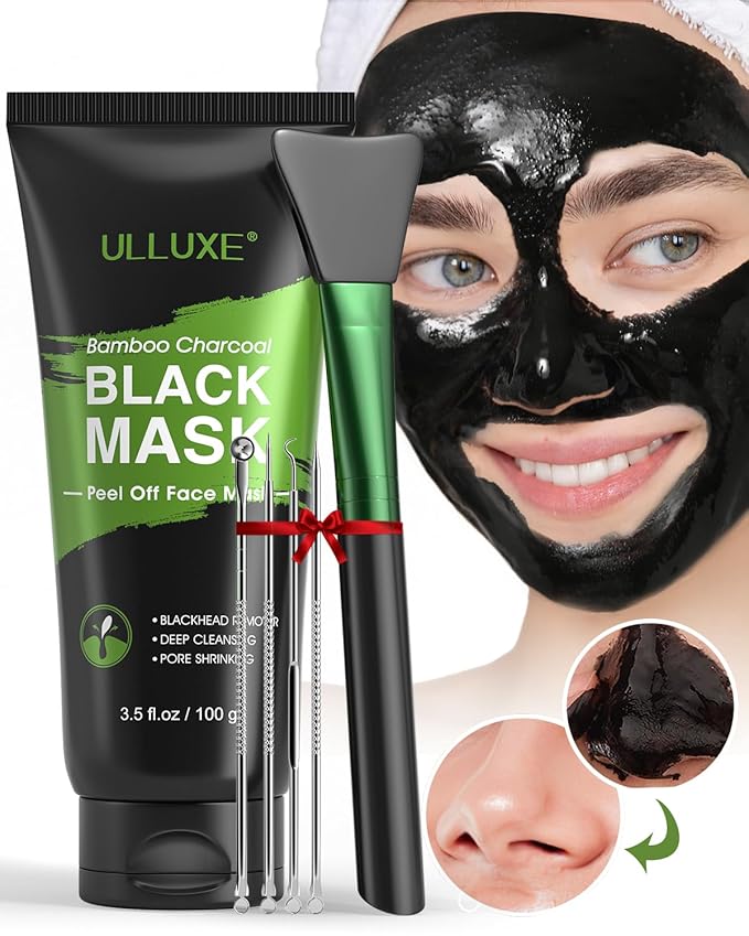 Blackhead Remover Mask Kit, Charcoal Peel Off Mask for Face Nose Blackheads Acne and Deep Pores Cleansing, Black Face Mask Peel, Charcoal Mask with Brush and Pimple Extractors, (3.5 Fl.oz)