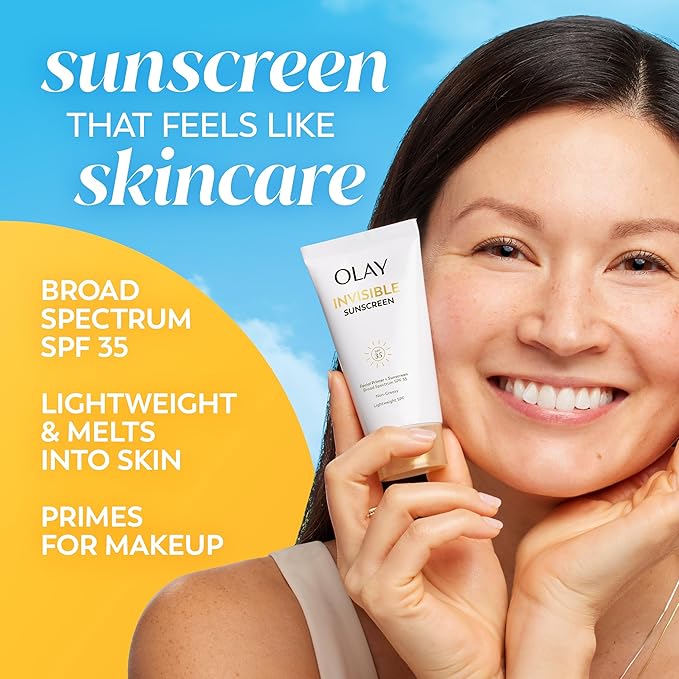 Olay Invisible Sunscreen, SPF 35, 100% Invisible Facial Sunscreen and Makeup Primer - Fragrance-Free, Weightless, No White Cast Broad Spectrum Sun Protection with Vitamin C & E, Aloe Vera, 1.7 Oz