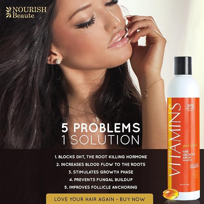 Nourish Beaute Vitamins Natural Shampoo for Hair Growth and Hair Loss for Hair Regrowth,Volume and Thickening with Biotin,DHT Blockers, No Sulfate, For Men and Women, Premium Gold Label, 3 Pk