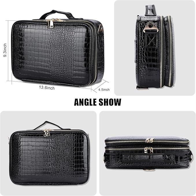 JOURMON Travel Makeup Case 3 Layers Makeup Train Case Crocodile Makeup Bag Organizer Portable Artist Storage Bag with Adjustable Dividers and Shoulder Strap
